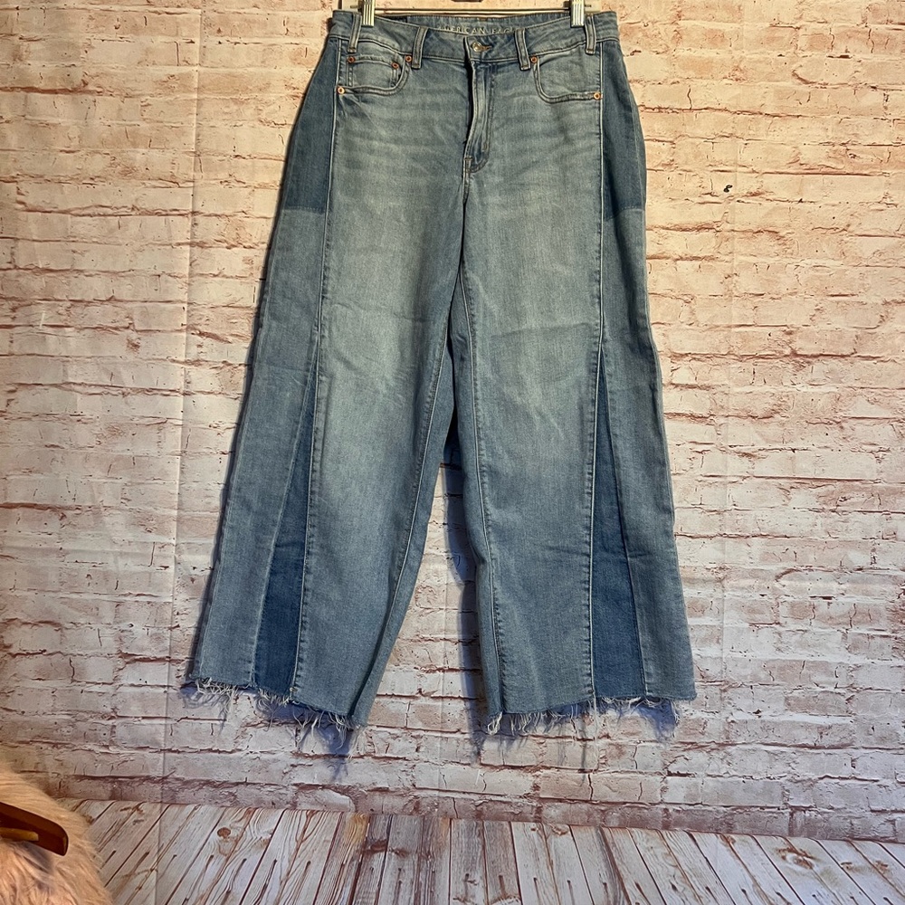 American Eagle low rise baggy stretch wide leg patchwork jeans size 8 short. - Picture 3 of 12